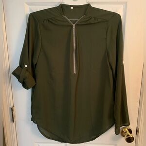Olive Green Sheer Roll Cuff Long Sleeve Chic Blouse Women’s Size Large